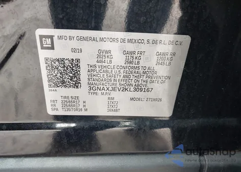 2019 Chevrolet Equinox Lt z USA, uszkodzony, nr VIN 3GNAXJEV2KL309167